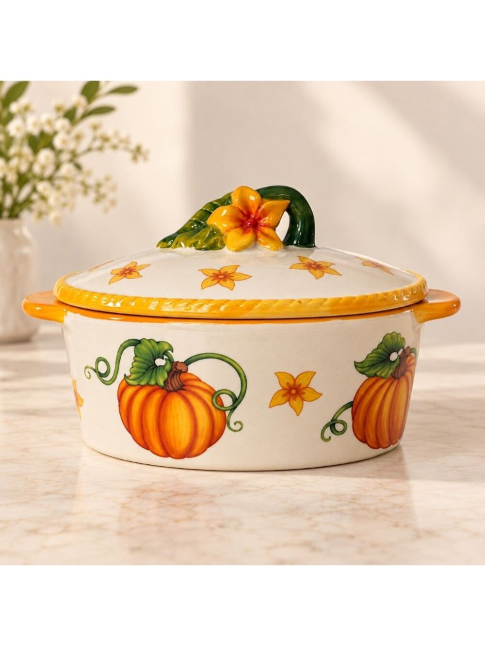 Temptations Pumpkin Covered Dish 16 Oz Fall Casserole Butter Keeper Kitchen Deco